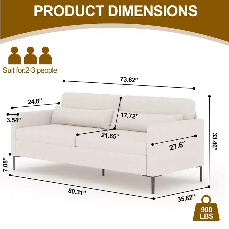 80 Comfortable Sofa, Metal Leg 3-Seater Sofa, Deep Seat Sofa, Linen Modern Sofa for Living Room, Apartment, Office