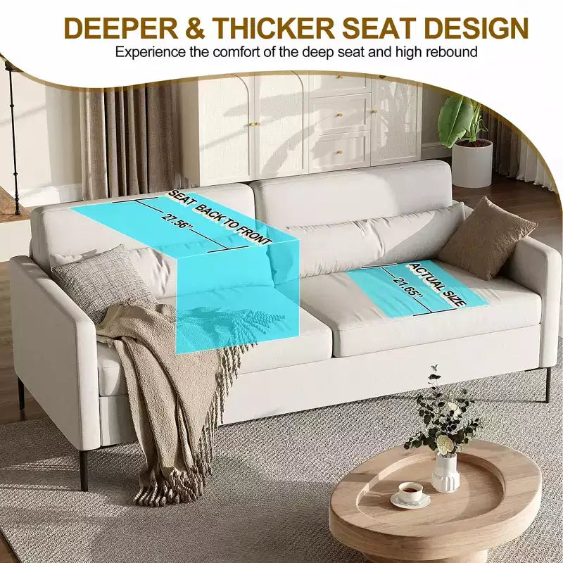 80 Comfortable Sofa, Metal Leg 3-Seater Sofa, Deep Seat Sofa, Linen Modern Sofa for Living Room, Apartment, Office
