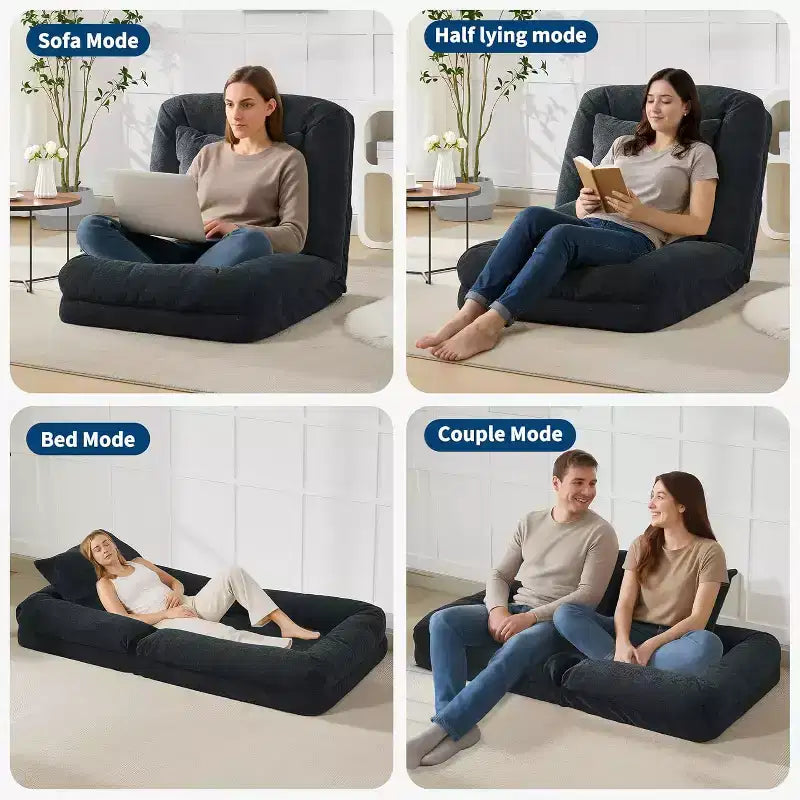 Canapé-lit de sol, Fauteuil paresseux réglable 5 positions, Lit pour humains et chiens adultes et animaux de compagnie, Tatami pliable, Oreillers inclus