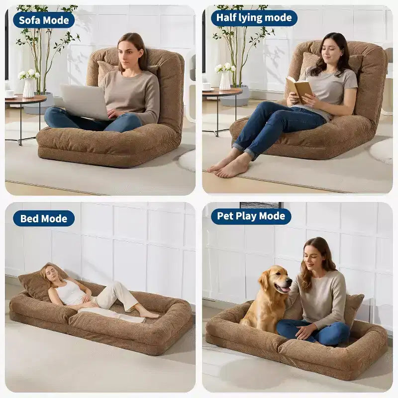 Canapé-lit de sol, Fauteuil paresseux réglable 5 positions, Lit pour humains et chiens adultes et animaux de compagnie, Tatami pliable, Oreillers inclus