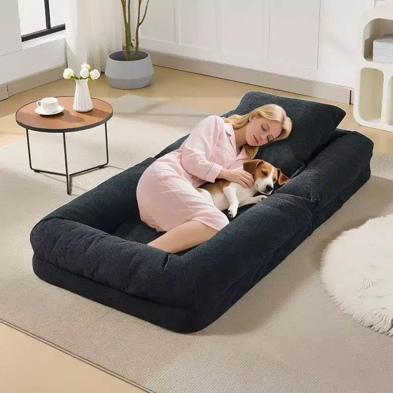 Canapé-lit de sol, Fauteuil paresseux réglable 5 positions, Lit pour humains et chiens adultes et animaux de compagnie, Tatami pliable, Oreillers inclus
