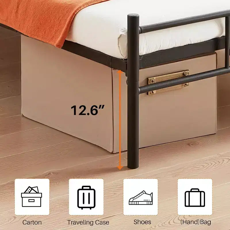 Lit en métal pleine grandeur avec tête et pied de lit, plateforme de lit avec rangement sous le lit, silencieux, aucun sommier tapissier requis, noir