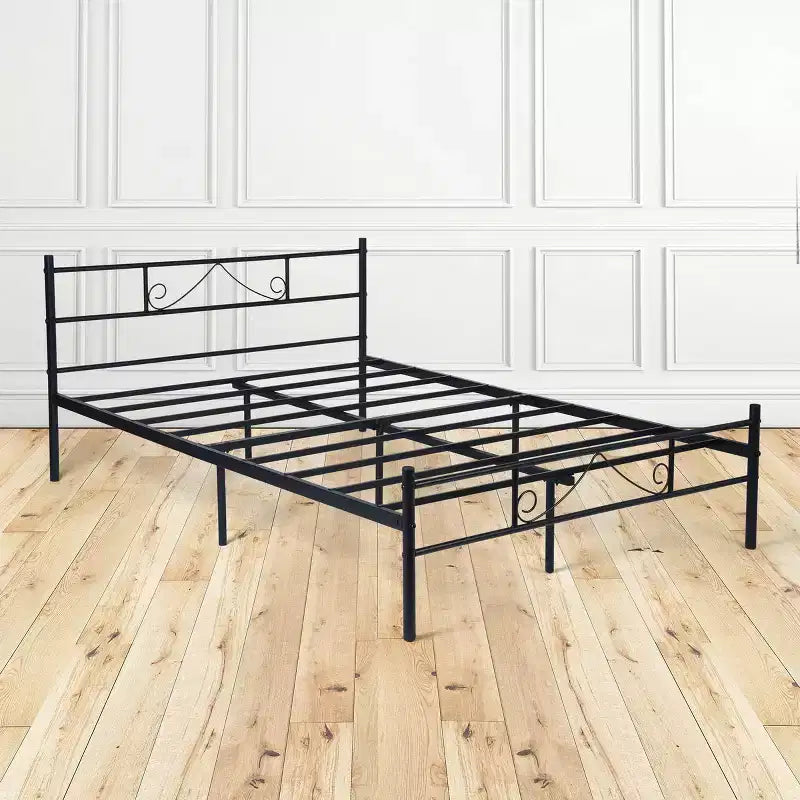 Lit en métal pleine grandeur avec tête et pied de lit, plateforme de lit avec rangement sous le lit, silencieux, aucun sommier tapissier requis, noir