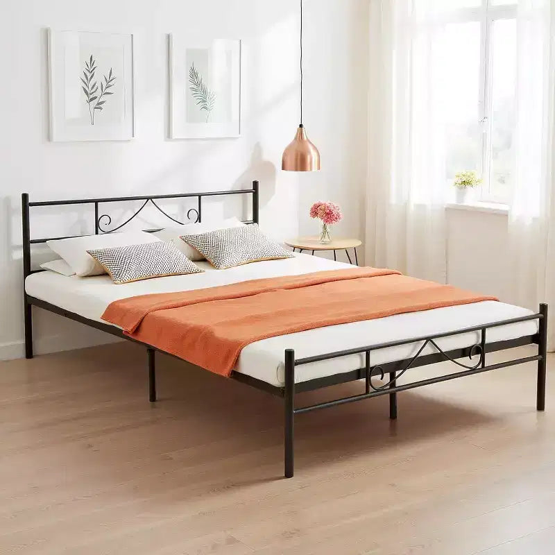 Lit en métal pleine grandeur avec tête et pied de lit, plateforme de lit avec rangement sous le lit, silencieux, aucun sommier tapissier requis, noir