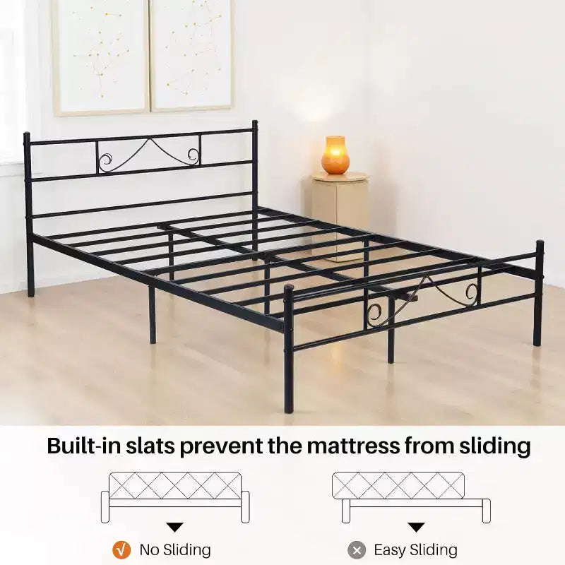 Lit en métal pleine grandeur avec tête et pied de lit, plateforme de lit avec rangement sous le lit, silencieux, aucun sommier tapissier requis, noir