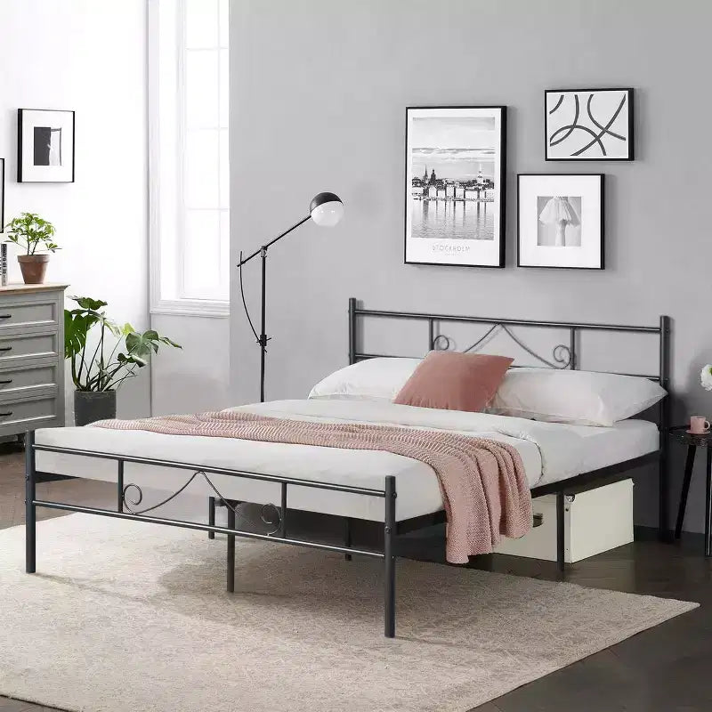 Lit en métal pleine grandeur avec tête et pied de lit, plateforme de lit avec rangement sous le lit, silencieux, aucun sommier tapissier requis, noir