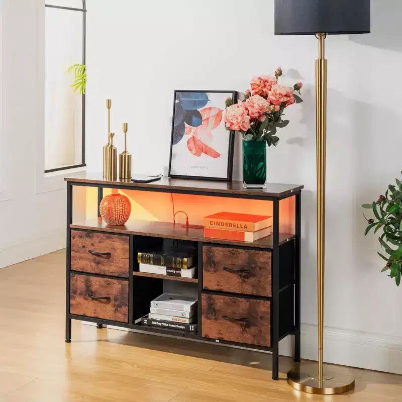 Console Tables with USB and Charging Station, 43.31 Inch Entryway Table with 4 Fabric Drawers, Sofa Table Narrow with Storage Shelves Brown