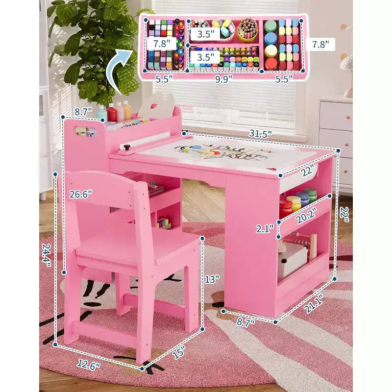 49 in Kids Art Table, Large Kids Craft Table with 2 Chairs, Multi-Functional Art Desk with Storage Shelves for Children Room, Kindergarten White