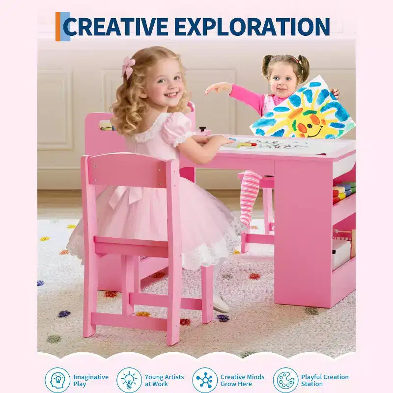 49 in Kids Art Table, Large Kids Craft Table with 2 Chairs, Multi-Functional Art Desk with Storage Shelves for Children Room, Kindergarten White