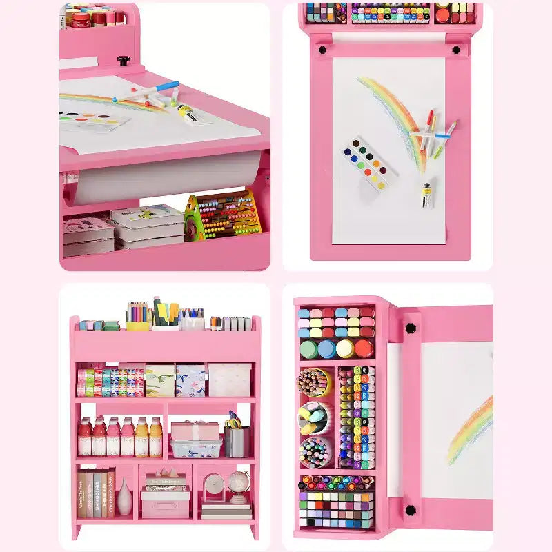 49 in Kids Art Table, Large Kids Craft Table with 2 Chairs, Multi-Functional Art Desk with Storage Shelves for Children Room, Kindergarten White