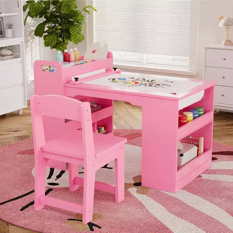 49 in Kids Art Table, Large Kids Craft Table with 2 Chairs, Multi-Functional Art Desk with Storage Shelves for Children Room, Kindergarten White