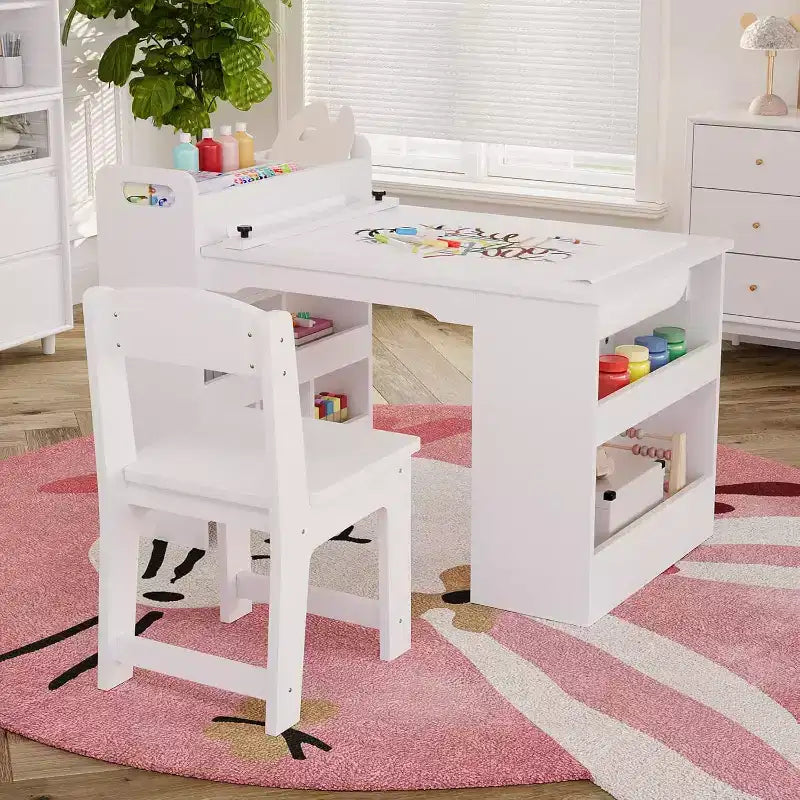 49 in Kids Art Table, Large Kids Craft Table with 2 Chairs, Multi-Functional Art Desk with Storage Shelves for Children Room, Kindergarten White