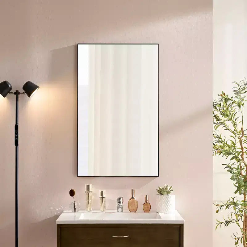 60X22IN Minimalism Rectangle Wall Mirror with Aluminum Frame, Bathroom Mirror with 2 Hanging Ways, Vanity Mirror for Bathroom, Black