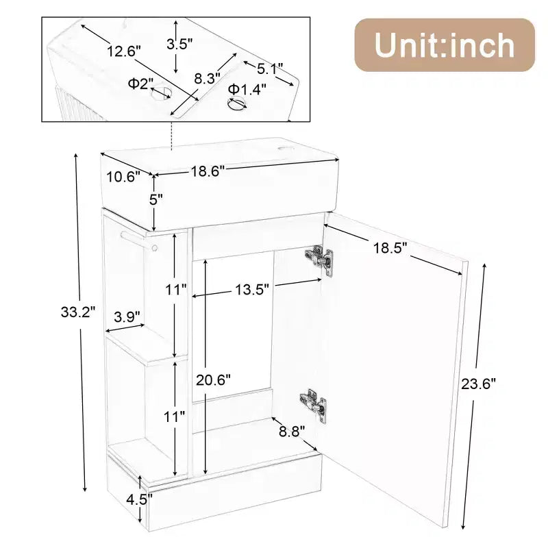 18.6 Bathroom Vanity with Sink 2-tier Shelf Left Right Orientation Black