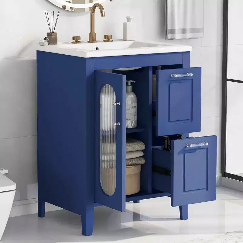24 Bathroom Vanity with Sink 2 Drawers 1 Door Adjustable Shelf Solid Wood MDF Black