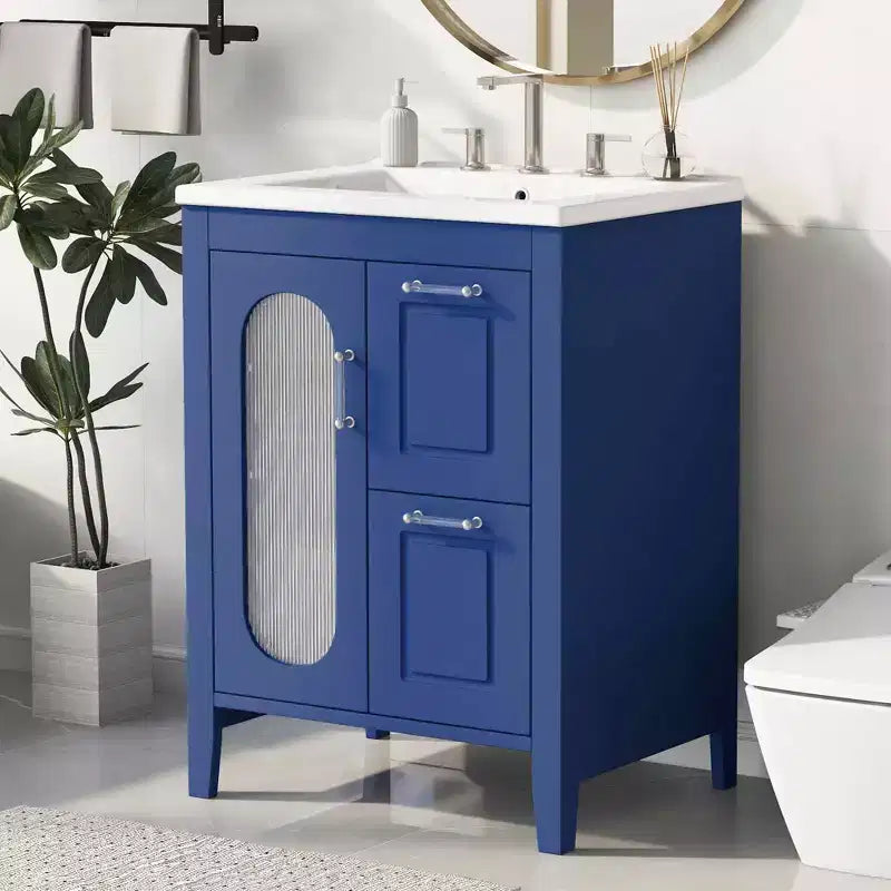 24 Bathroom Vanity with Sink 2 Drawers 1 Door Adjustable Shelf Solid Wood MDF Black