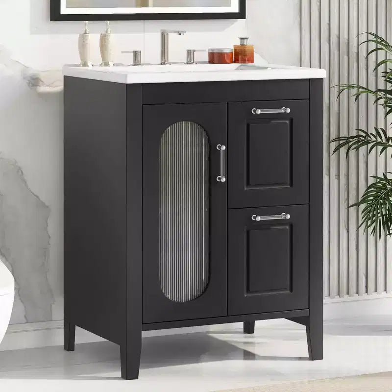 24 Bathroom Vanity with Sink 2 Drawers 1 Door Adjustable Shelf Solid Wood MDF Black
