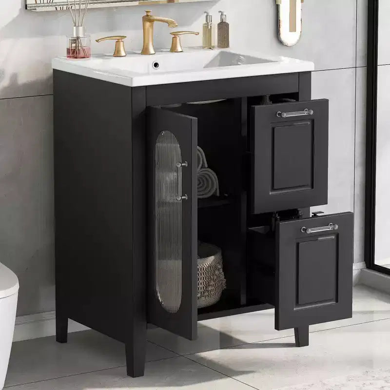 24 Bathroom Vanity with Sink 2 Drawers 1 Door Adjustable Shelf Solid Wood MDF Black