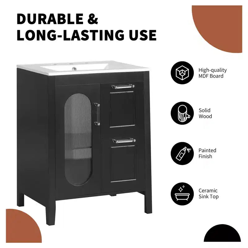 24 Bathroom Vanity with Sink 2 Drawers 1 Door Adjustable Shelf Solid Wood MDF Black