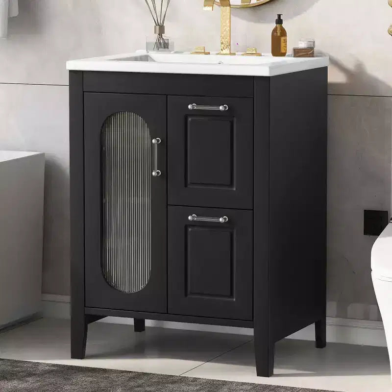 MAYEERTY 24 Bathroom Vanity with Sink 2 Drawers 1 Door Adjustable Shelf Solid Wood MDF Black