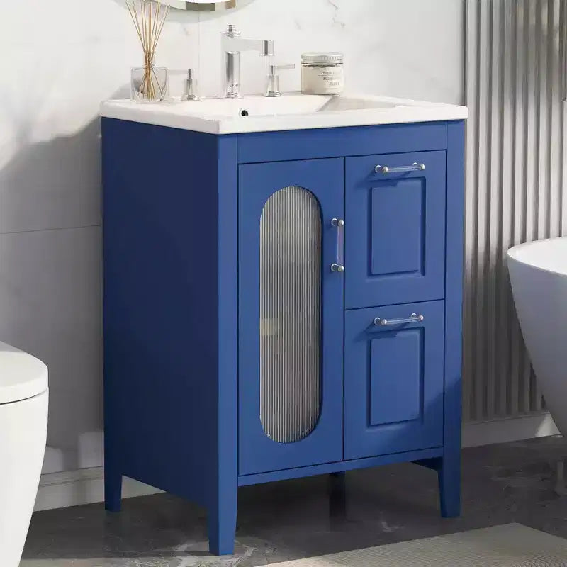 24 Bathroom Vanity with Sink 2 Drawers 1 Door Adjustable Shelf Solid Wood MDF Black