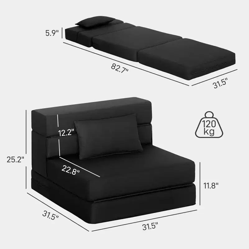 Folding Chair Bed with Pillow, Modern Linen Sleeper Sofa Bed for Living Room, Dorm, Guest Use