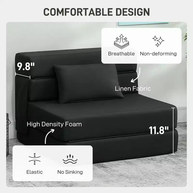 Folding Chair Bed with Pillow, Modern Linen Sleeper Sofa Bed for Living Room, Dorm, Guest Use