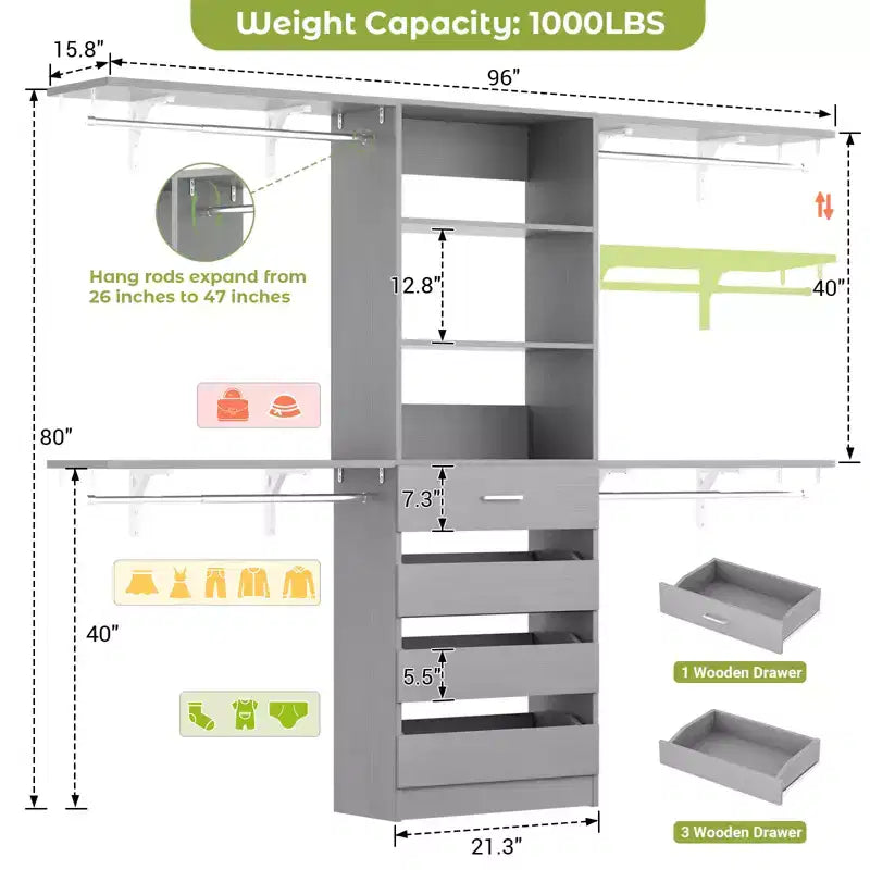 Système d'organisation de placard de 2,4 m avec 4 tiroirs en bois et tringles de suspension