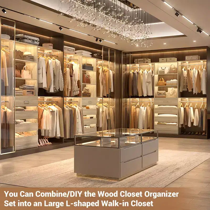 8FT Closet Organizer System with 4 Wooden Drawers & Hanging Rods