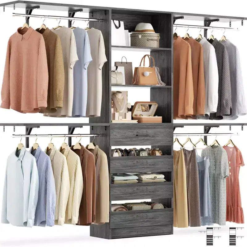 Système d'organisation de placard de 2,4 m avec 4 tiroirs en bois et tringles de suspension