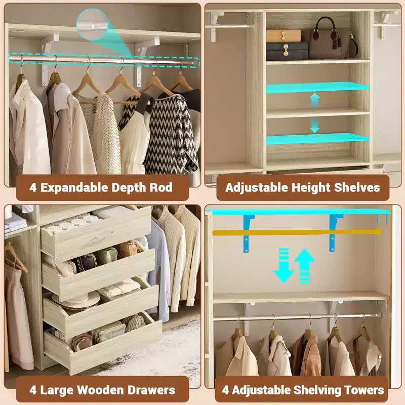 8FT Closet Organizer System with 4 Wooden Drawers & Hanging Rods
