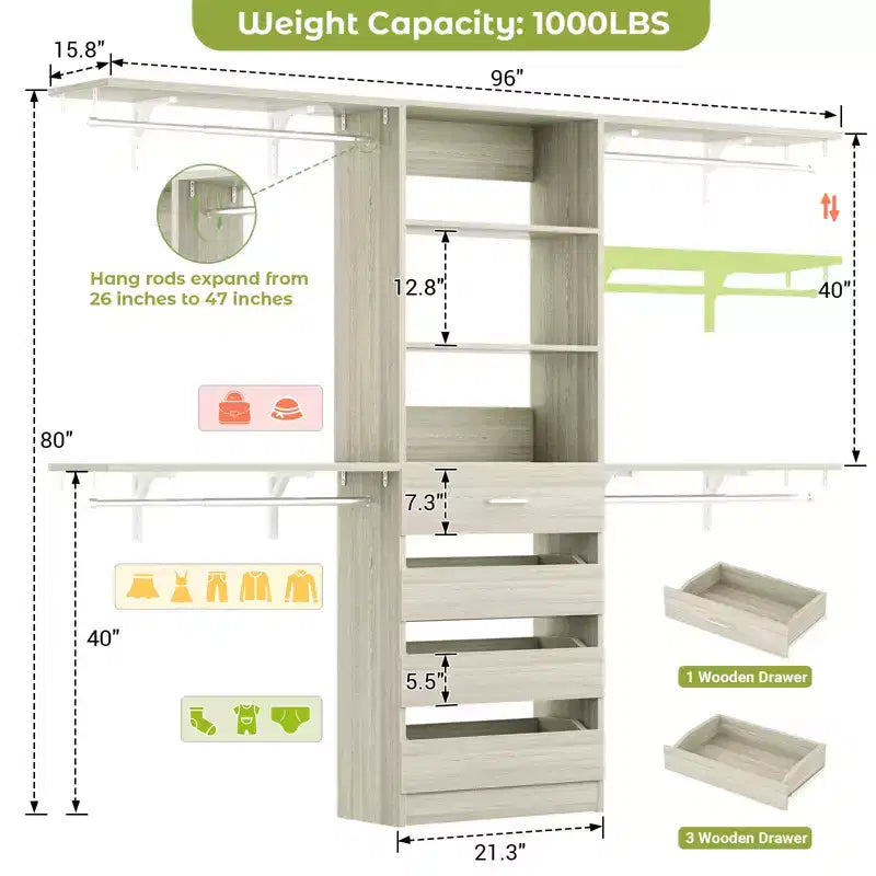 8FT Closet Organizer System with 4 Wooden Drawers & Hanging Rods