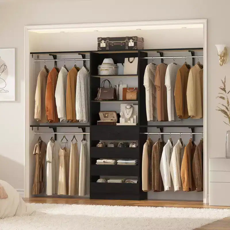 8FT Closet Organizer System with 4 Wooden Drawers & Hanging Rods