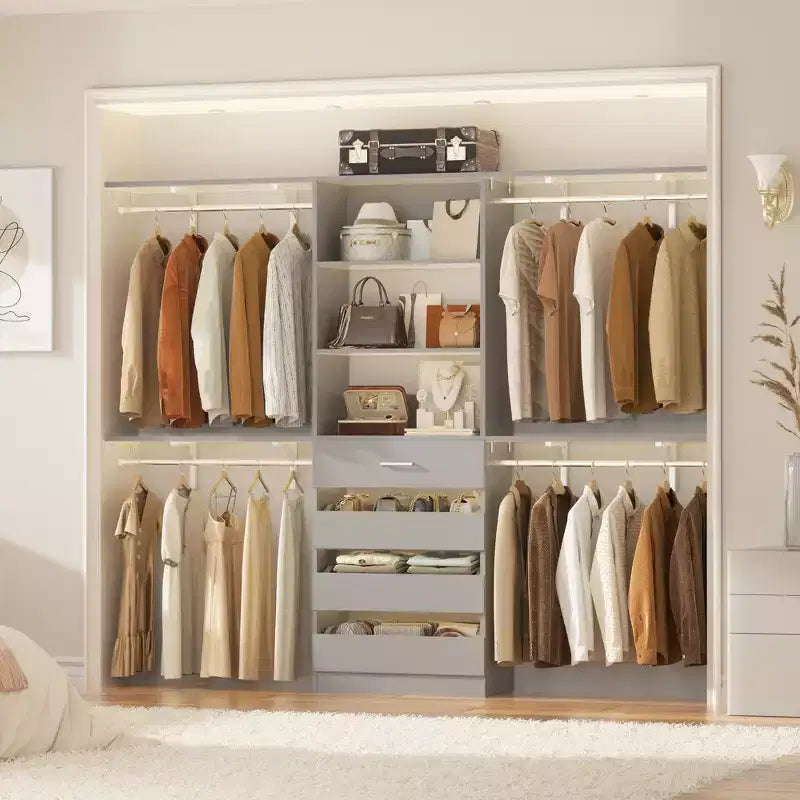 8FT Closet Organizer System with 4 Wooden Drawers & Hanging Rods
