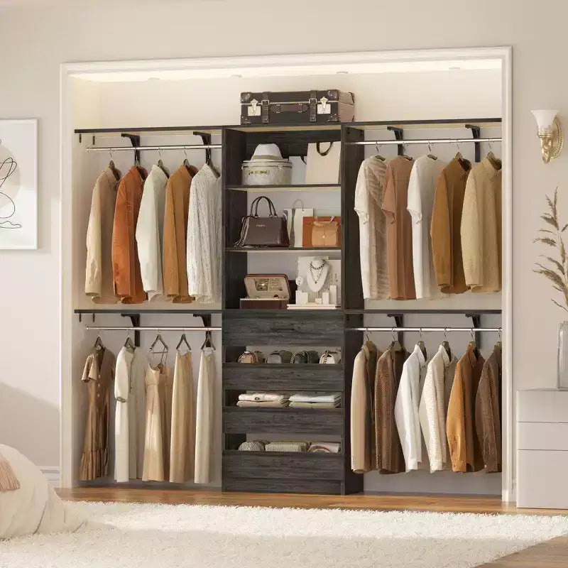8FT Closet Organizer System with 4 Wooden Drawers & Hanging Rods