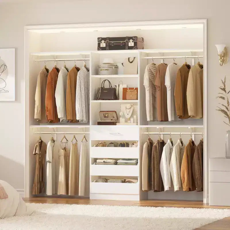 8FT Closet Organizer System with 4 Wooden Drawers & Hanging Rods