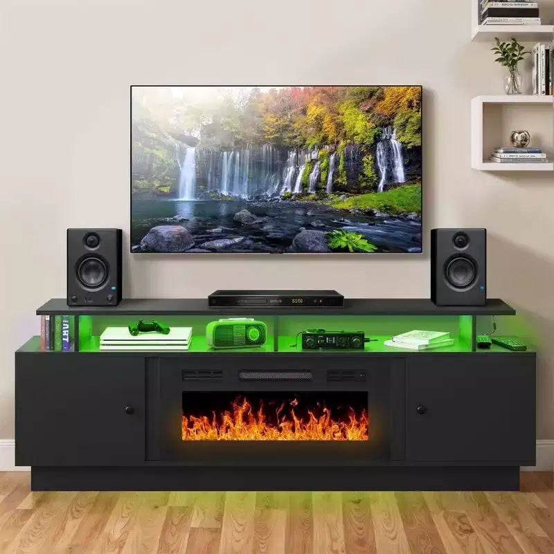 Fireplace TV Stand with Led & Storage Cabinet, Black Entertainment Center with 36 Electric Fireplace for 65/70 inch TVs for Living Room