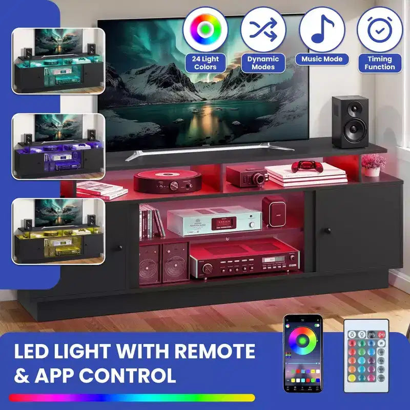 Fireplace TV Stand with Led & Storage Cabinet, Black Entertainment Center with 36 Electric Fireplace for 65/70 inch TVs for Living Room