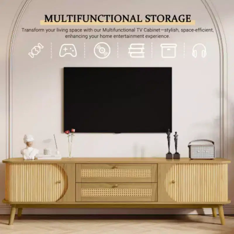 TV Stand for 75-Inch TVs, Modern Wooden Entertainment Center with 2 Cabinets & 2 Drawers, Sturdy Wood Legs Console Table