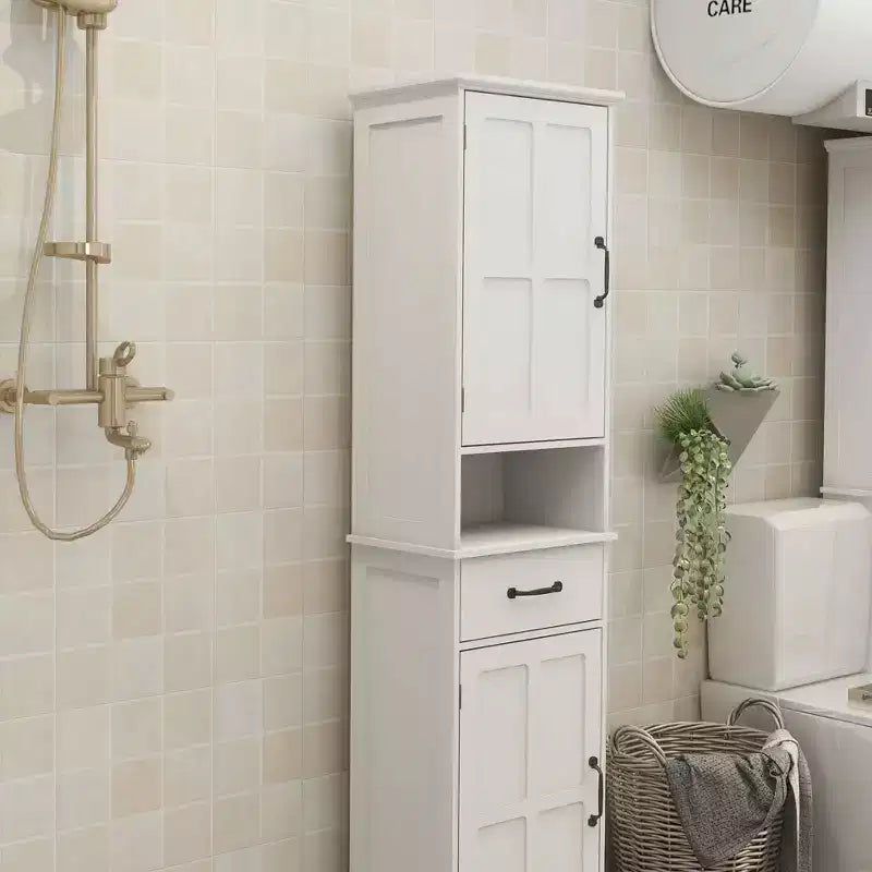 Double-Door Narrow Tall Slim Cabinet, Freestanding Storage Unit with Enclosed Space for Hallway Bathroom