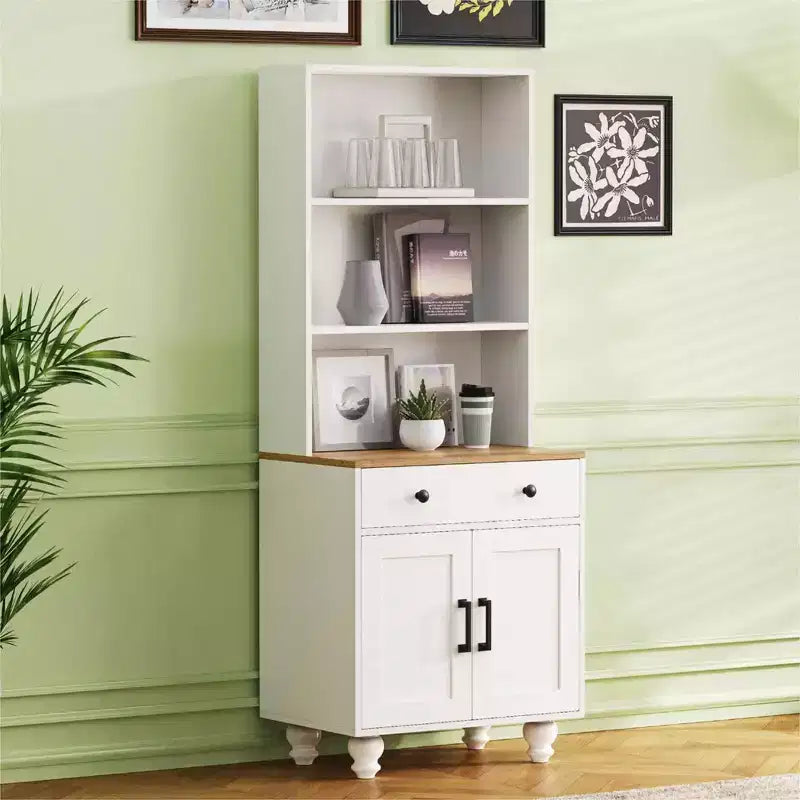 Meuble de rangement blanc style ferme 4 pieds gourdes en bois massif 5 étagères réglables tiroir