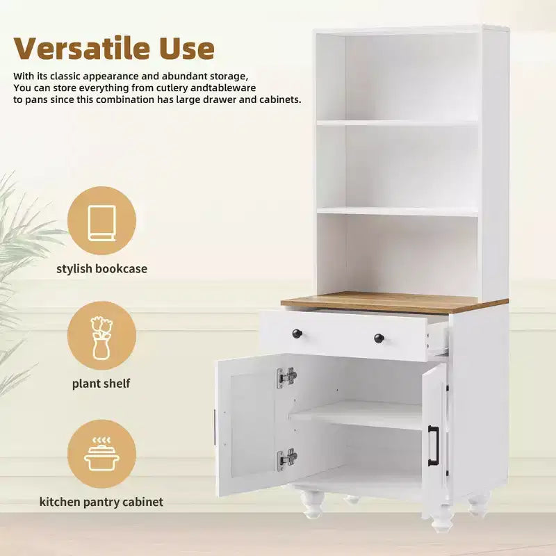 Meuble de rangement blanc style ferme 4 pieds gourdes en bois massif 5 étagères réglables tiroir