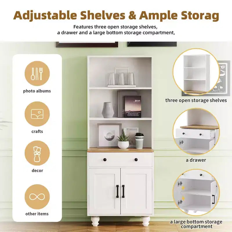 Meuble de rangement blanc style ferme 4 pieds gourdes en bois massif 5 étagères réglables tiroir