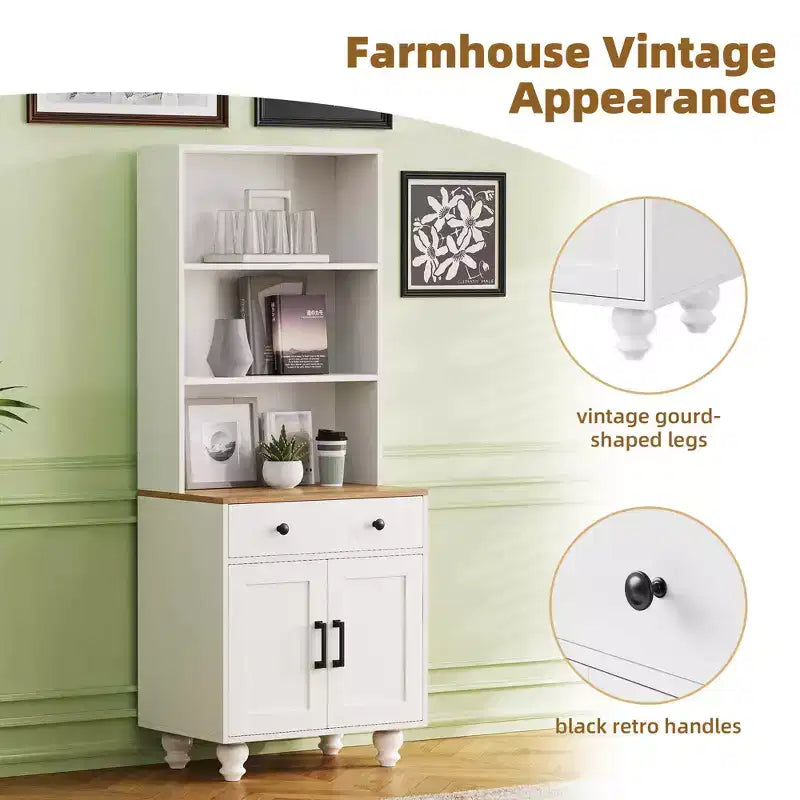 Meuble de rangement blanc style ferme 4 pieds gourdes en bois massif 5 étagères réglables tiroir
