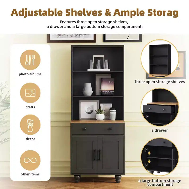 White Farmhouse Storage Cabinet 4 Solid Wood Gourd Legs 5 Tier Adjustable Shelves Drawer