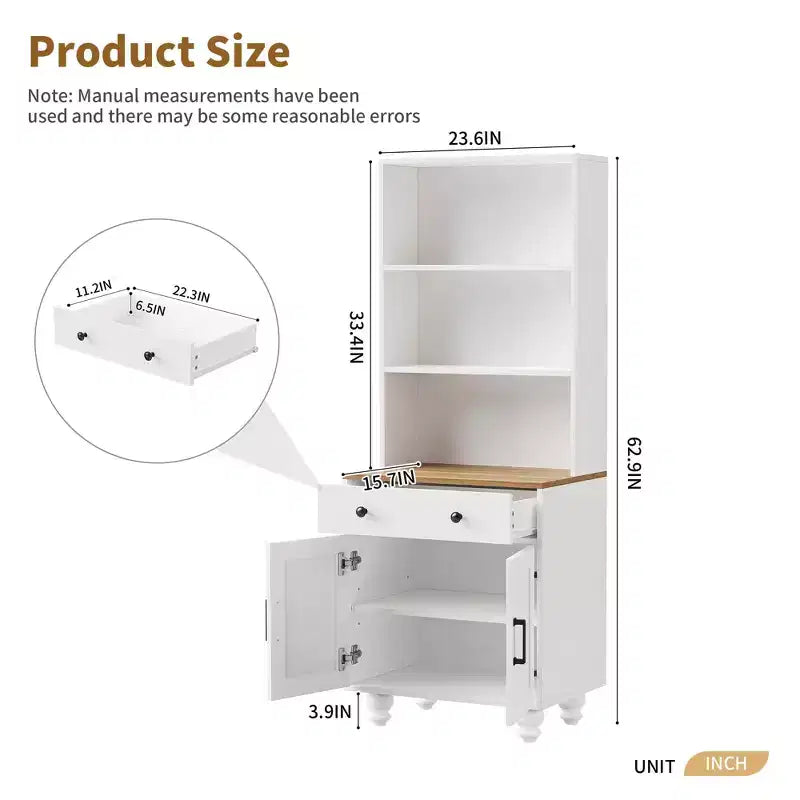 Meuble de rangement blanc style ferme 4 pieds gourdes en bois massif 5 étagères réglables tiroir