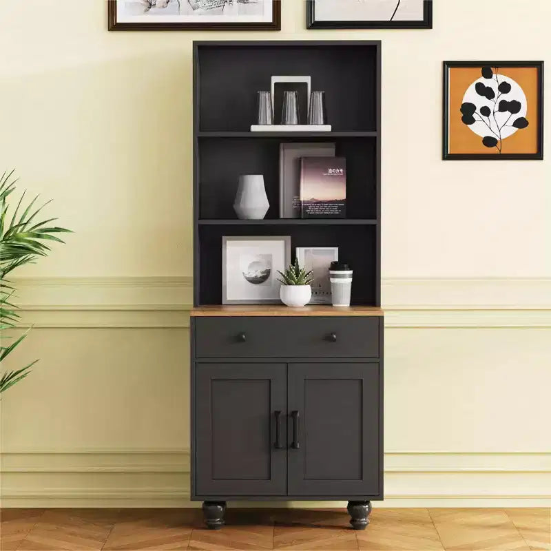MAYEERTY White Farmhouse Storage Cabinet 4 Solid Wood Gourd Legs 5 Tier Adjustable Shelves Drawer