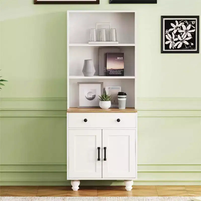 White Farmhouse Storage Cabinet 4 Solid Wood Gourd Legs 5 Tier Adjustable Shelves Drawer