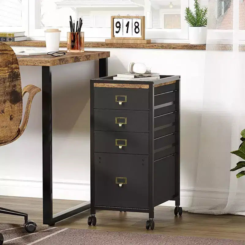 Chest of Drawers, 4 Fabric Drawers Storage Unit, Mobile File Cabinet, Vertical Under Desk File Storage with Wheels