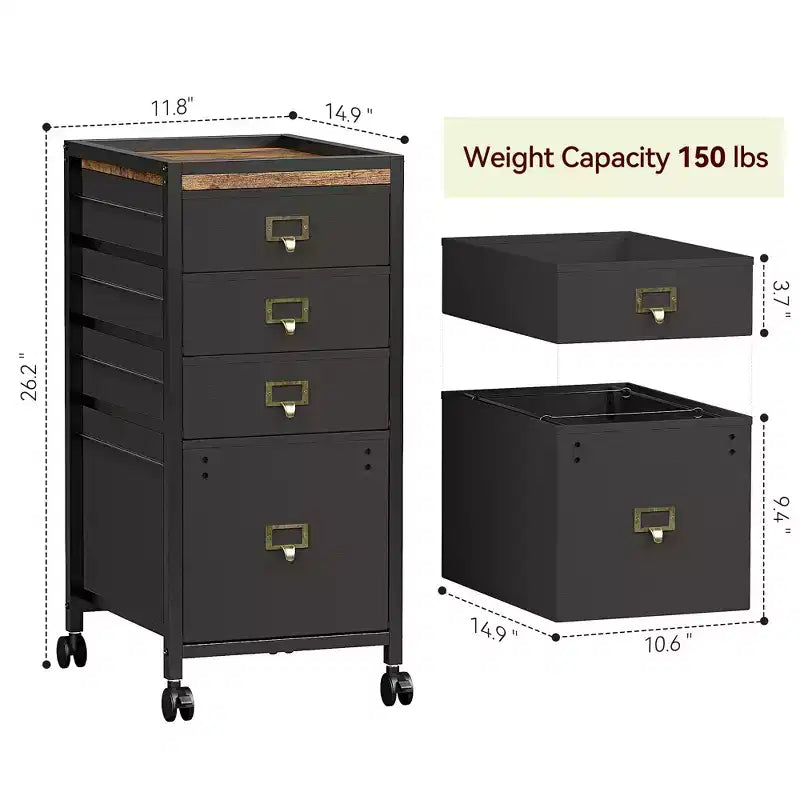 Chest of Drawers, 4 Fabric Drawers Storage Unit, Mobile File Cabinet, Vertical Under Desk File Storage with Wheels